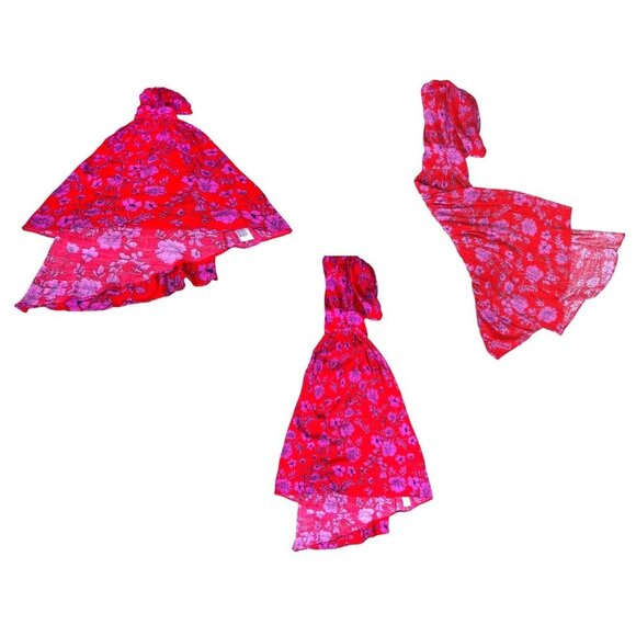 Band of Gypsies Hi Low Dress Small Red Pink Flowers Stretch Waist Festive READ - Picture 9 of 12